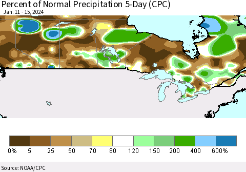 Canada Percent of Normal Precipitation 5-Day (CPC) Thematic Map For 1/11/2024 - 1/15/2024