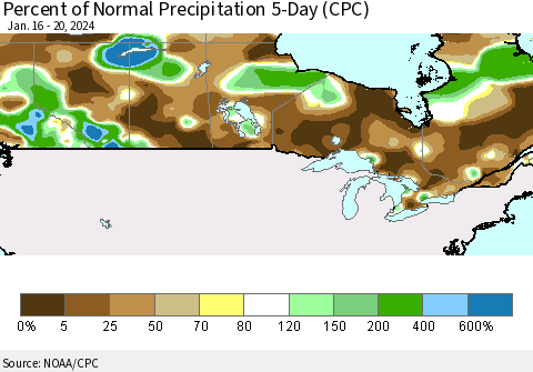 Canada Percent of Normal Precipitation 5-Day (CPC) Thematic Map For 1/16/2024 - 1/20/2024