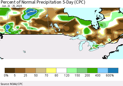 Canada Percent of Normal Precipitation 5-Day (CPC) Thematic Map For 1/21/2024 - 1/25/2024