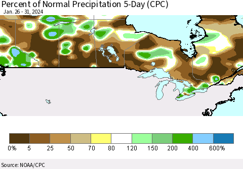 Canada Percent of Normal Precipitation 5-Day (CPC) Thematic Map For 1/26/2024 - 1/31/2024