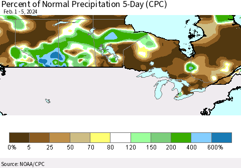 Canada Percent of Normal Precipitation 5-Day (CPC) Thematic Map For 2/1/2024 - 2/5/2024