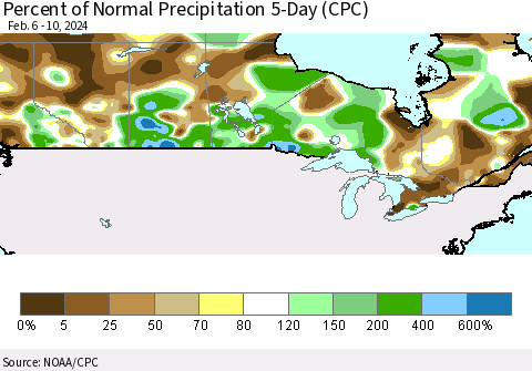 Canada Percent of Normal Precipitation 5-Day (CPC) Thematic Map For 2/6/2024 - 2/10/2024