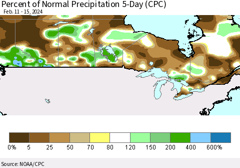 Canada Percent of Normal Precipitation 5-Day (CPC) Thematic Map For 2/11/2024 - 2/15/2024