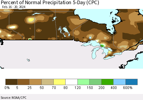 Canada Percent of Normal Precipitation 5-Day (CPC) Thematic Map For 2/16/2024 - 2/20/2024