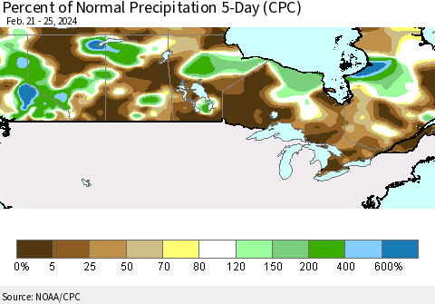 Canada Percent of Normal Precipitation 5-Day (CPC) Thematic Map For 2/21/2024 - 2/25/2024