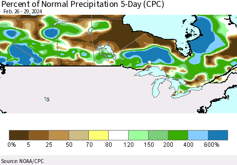 Canada Percent of Normal Precipitation 5-Day (CPC) Thematic Map For 2/26/2024 - 2/29/2024