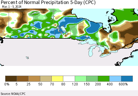 Canada Percent of Normal Precipitation 5-Day (CPC) Thematic Map For 3/1/2024 - 3/5/2024