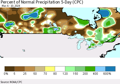 Canada Percent of Normal Precipitation 5-Day (CPC) Thematic Map For 3/6/2024 - 3/10/2024