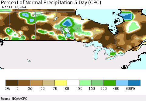 Canada Percent of Normal Precipitation 5-Day (CPC) Thematic Map For 3/11/2024 - 3/15/2024