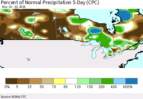 Canada Percent of Normal Precipitation 5-Day (CPC) Thematic Map For 3/16/2024 - 3/20/2024