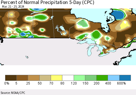 Canada Percent of Normal Precipitation 5-Day (CPC) Thematic Map For 3/21/2024 - 3/25/2024