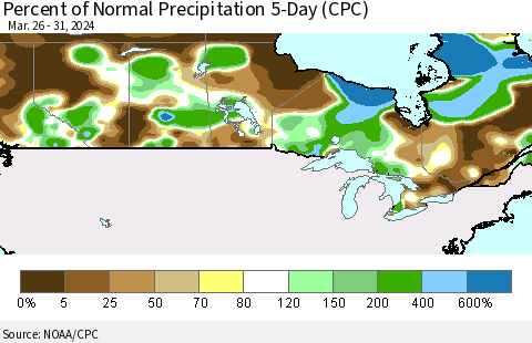 Canada Percent of Normal Precipitation 5-Day (CPC) Thematic Map For 3/26/2024 - 3/31/2024