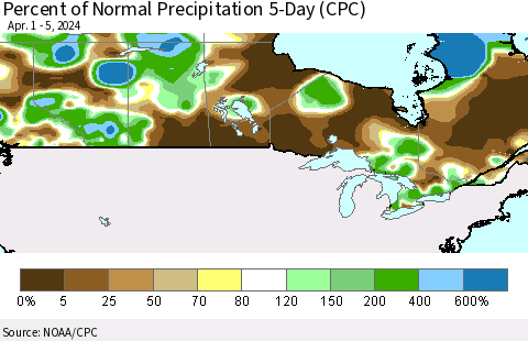 Canada Percent of Normal Precipitation 5-Day (CPC) Thematic Map For 4/1/2024 - 4/5/2024