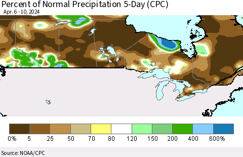 Canada Percent of Normal Precipitation 5-Day (CPC) Thematic Map For 4/6/2024 - 4/10/2024