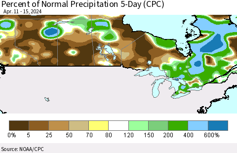 Canada Percent of Normal Precipitation 5-Day (CPC) Thematic Map For 4/11/2024 - 4/15/2024