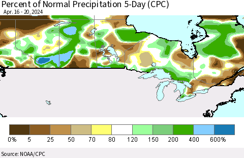 Canada Percent of Normal Precipitation 5-Day (CPC) Thematic Map For 4/16/2024 - 4/20/2024