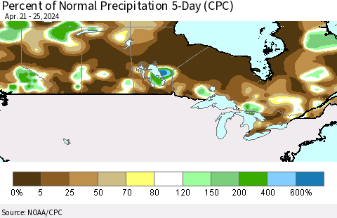 Canada Percent of Normal Precipitation 5-Day (CPC) Thematic Map For 4/21/2024 - 4/25/2024