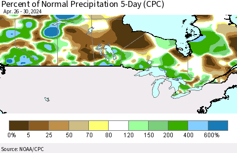 Canada Percent of Normal Precipitation 5-Day (CPC) Thematic Map For 4/26/2024 - 4/30/2024
