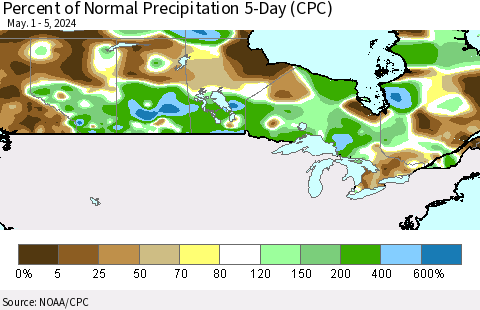 Canada Percent of Normal Precipitation 5-Day (CPC) Thematic Map For 5/1/2024 - 5/5/2024