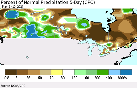 Canada Percent of Normal Precipitation 5-Day (CPC) Thematic Map For 5/6/2024 - 5/10/2024