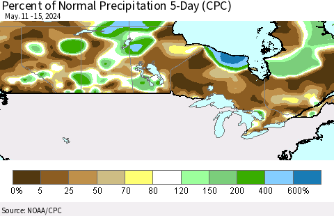 Canada Percent of Normal Precipitation 5-Day (CPC) Thematic Map For 5/11/2024 - 5/15/2024