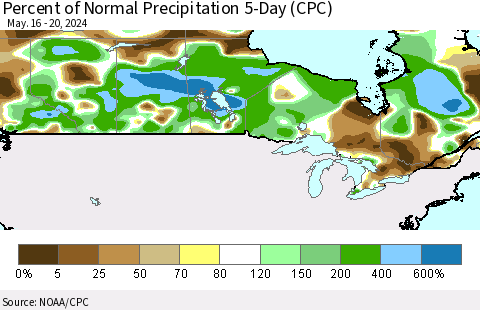 Canada Percent of Normal Precipitation 5-Day (CPC) Thematic Map For 5/16/2024 - 5/20/2024