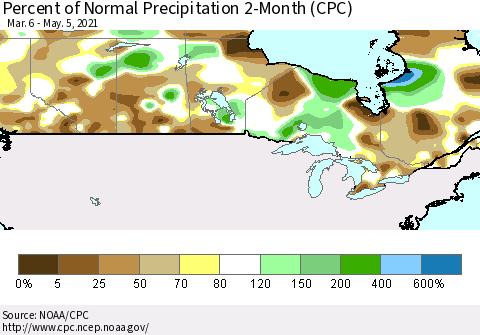 Canada Percent of Normal Precipitation 2-Month (CPC) Thematic Map For 3/6/2021 - 5/5/2021