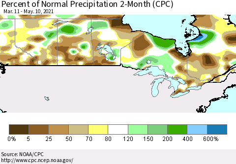 Canada Percent of Normal Precipitation 2-Month (CPC) Thematic Map For 3/11/2021 - 5/10/2021