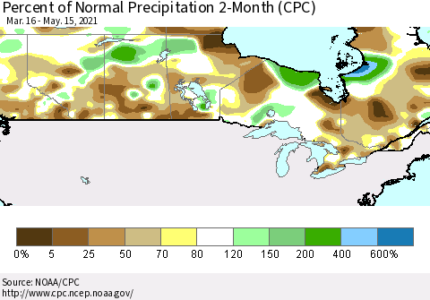 Canada Percent of Normal Precipitation 2-Month (CPC) Thematic Map For 3/16/2021 - 5/15/2021