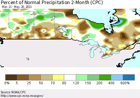 Canada Percent of Normal Precipitation 2-Month (CPC) Thematic Map For 3/21/2021 - 5/20/2021