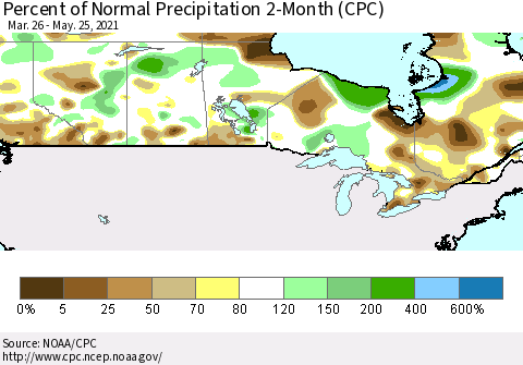 Canada Percent of Normal Precipitation 2-Month (CPC) Thematic Map For 3/26/2021 - 5/25/2021