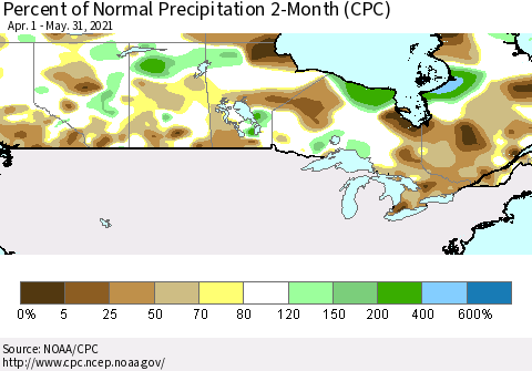 Canada Percent of Normal Precipitation 2-Month (CPC) Thematic Map For 4/1/2021 - 5/31/2021