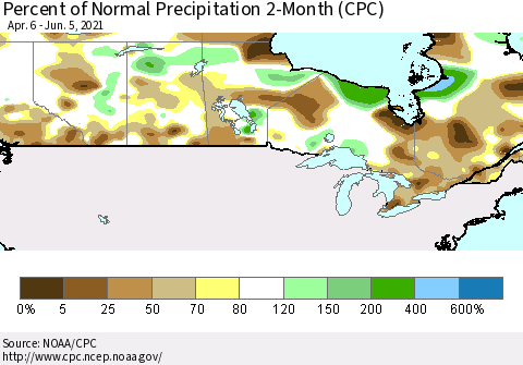 Canada Percent of Normal Precipitation 2-Month (CPC) Thematic Map For 4/6/2021 - 6/5/2021