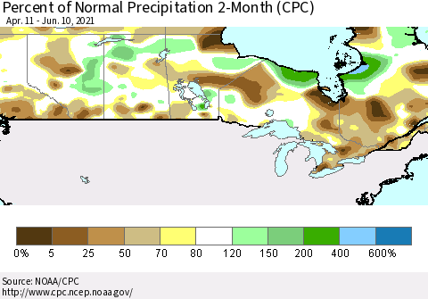 Canada Percent of Normal Precipitation 2-Month (CPC) Thematic Map For 4/11/2021 - 6/10/2021