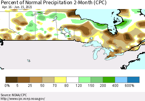 Canada Percent of Normal Precipitation 2-Month (CPC) Thematic Map For 4/16/2021 - 6/15/2021