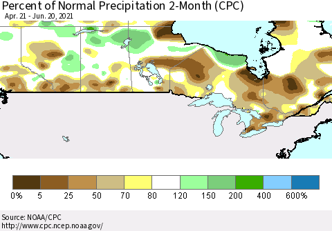 Canada Percent of Normal Precipitation 2-Month (CPC) Thematic Map For 4/21/2021 - 6/20/2021