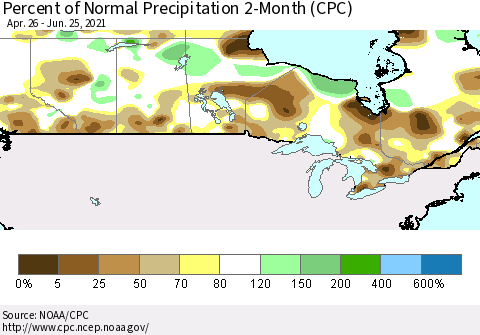 Canada Percent of Normal Precipitation 2-Month (CPC) Thematic Map For 4/26/2021 - 6/25/2021
