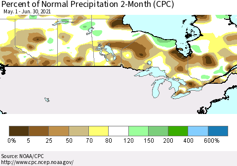 Canada Percent of Normal Precipitation 2-Month (CPC) Thematic Map For 5/1/2021 - 6/30/2021