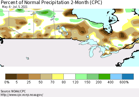 Canada Percent of Normal Precipitation 2-Month (CPC) Thematic Map For 5/6/2021 - 7/5/2021