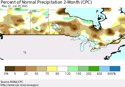 Canada Percent of Normal Precipitation 2-Month (CPC) Thematic Map For 5/11/2021 - 7/10/2021