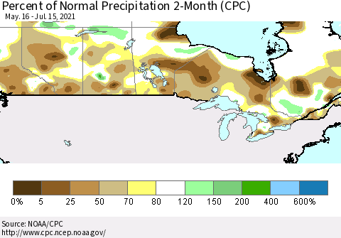 Canada Percent of Normal Precipitation 2-Month (CPC) Thematic Map For 5/16/2021 - 7/15/2021