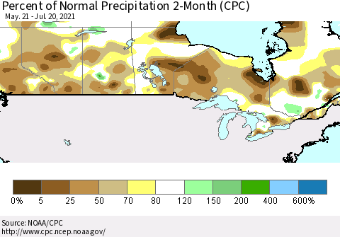 Canada Percent of Normal Precipitation 2-Month (CPC) Thematic Map For 5/21/2021 - 7/20/2021