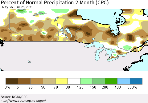 Canada Percent of Normal Precipitation 2-Month (CPC) Thematic Map For 5/26/2021 - 7/25/2021