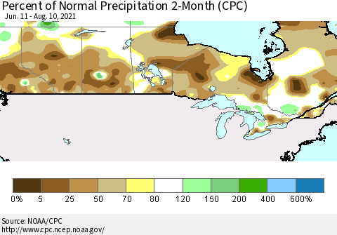 Canada Percent of Normal Precipitation 2-Month (CPC) Thematic Map For 6/11/2021 - 8/10/2021