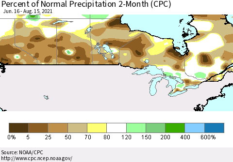 Canada Percent of Normal Precipitation 2-Month (CPC) Thematic Map For 6/16/2021 - 8/15/2021