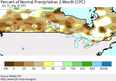 Canada Percent of Normal Precipitation 2-Month (CPC) Thematic Map For 6/21/2021 - 8/20/2021