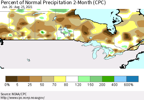 Canada Percent of Normal Precipitation 2-Month (CPC) Thematic Map For 6/26/2021 - 8/25/2021