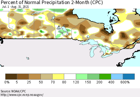 Canada Percent of Normal Precipitation 2-Month (CPC) Thematic Map For 7/1/2021 - 8/31/2021