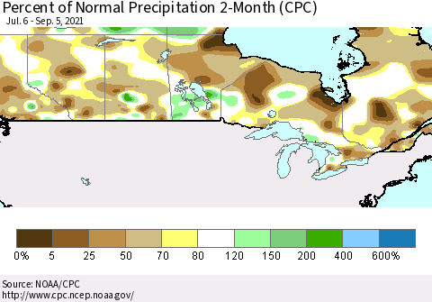 Canada Percent of Normal Precipitation 2-Month (CPC) Thematic Map For 7/6/2021 - 9/5/2021