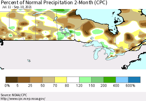 Canada Percent of Normal Precipitation 2-Month (CPC) Thematic Map For 7/11/2021 - 9/10/2021